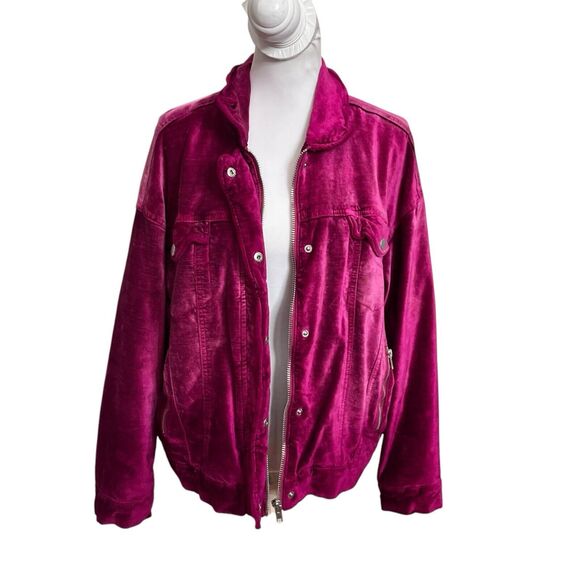Free People Velvet Trucker Jacket Women’s Size XS/S Fuchsia Pink Oversized Snap - Picture 14 of 15